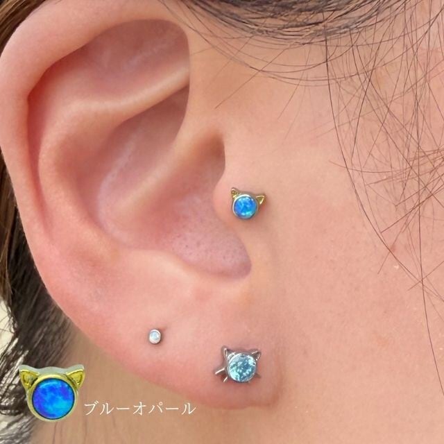 トラガスピアス 18G 16G 14G ゴールド 猫 CAT 全2色オパール インター
