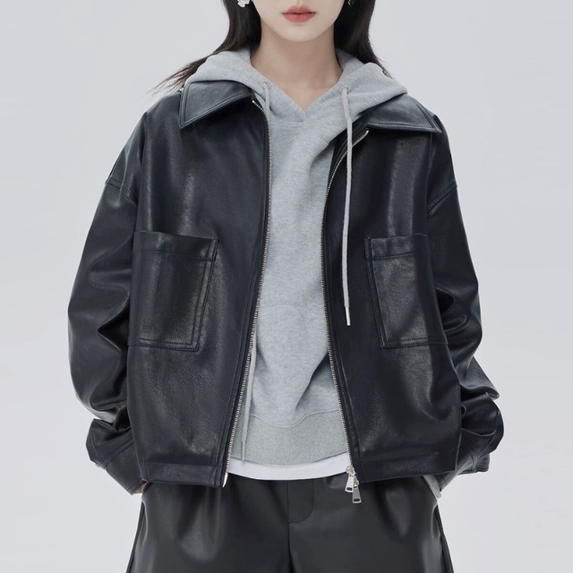 Minimal faux-leather zip jacket C1408