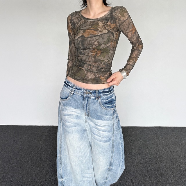 Washed volume denim pants A00008