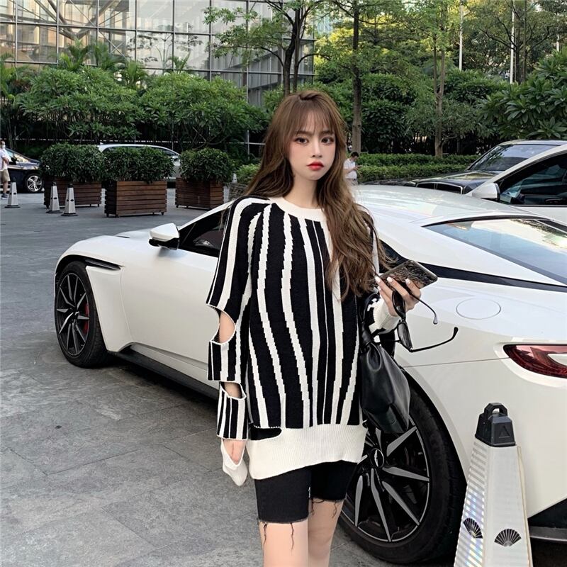 ニッチゼブラ柄ホロールーズアウターセーターレディース2020秋新ストライプセータートップ ブラックストロベリース1712003751