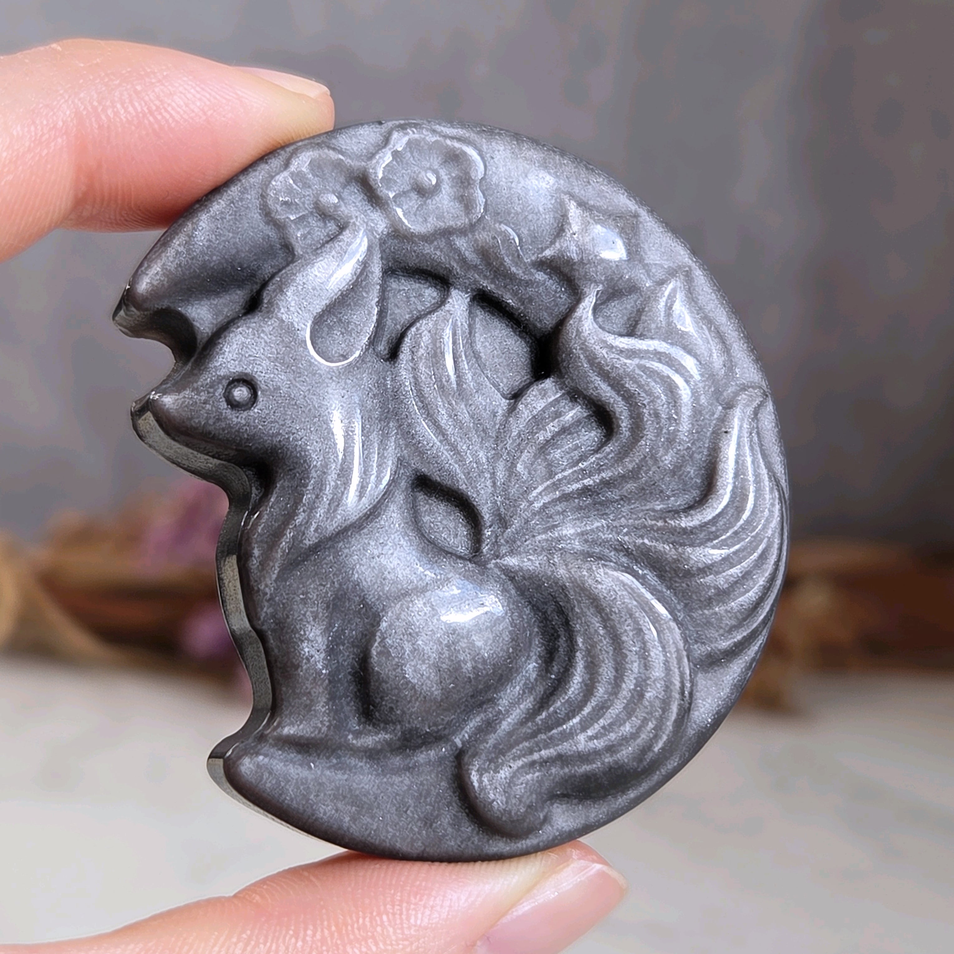 天然石 シルバーオブシディアン 翼とハートの置物 天然石シルバー