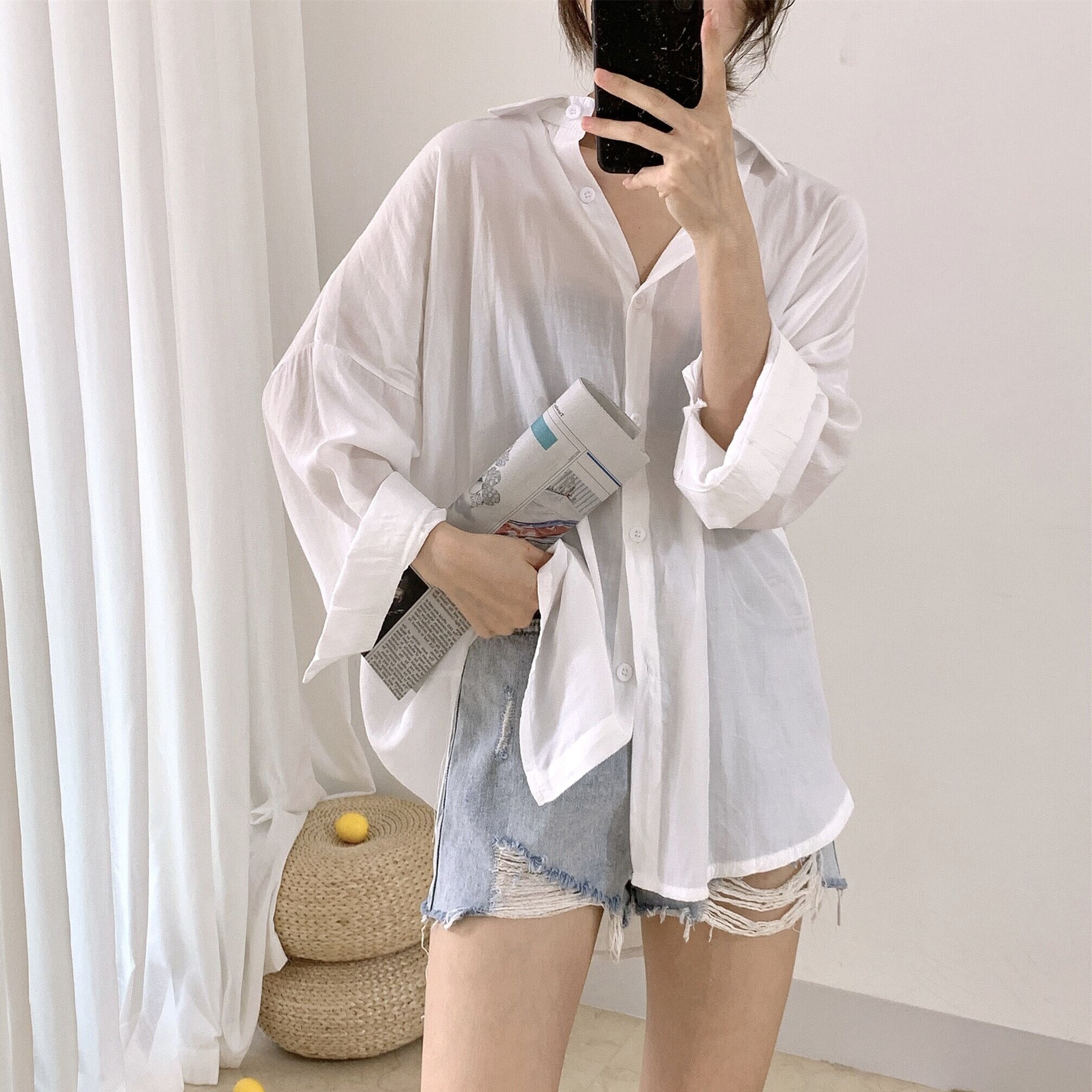 ホワイトシフォン日焼け止めシャツデザインセンスニッチライトマチュアトップルーズニュー2020サマーシンシャツ 1号婦人17786946216