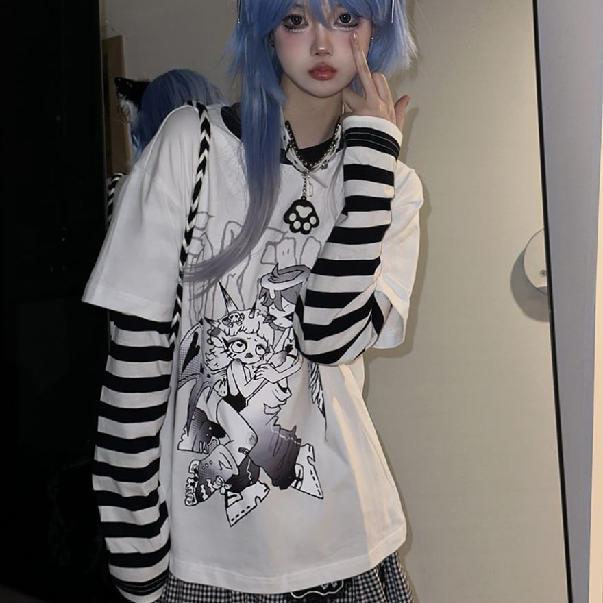 Tシャツ フェイクツーピース ボーダー袖 イラスト プリント闇かわいい