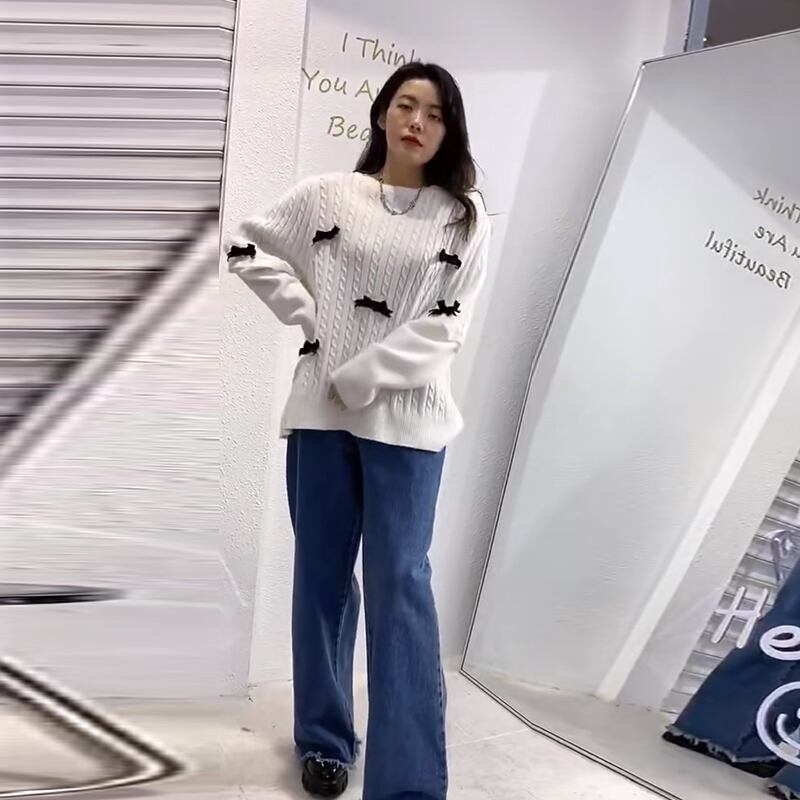 スプリングストライプセーター ラウンドネックリボンニット 春物 Oネック ミックスインファッション70568962732