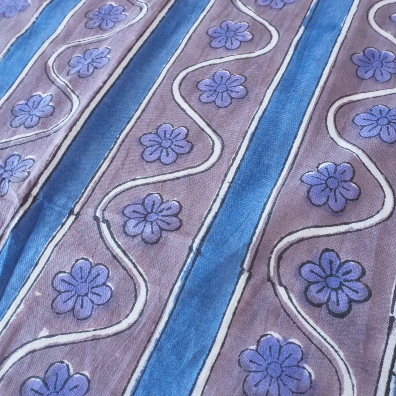 ブロックプリント生地【50cm単位】インド綿 ストライプ柄 パープルグレー×青 #12111-BL3