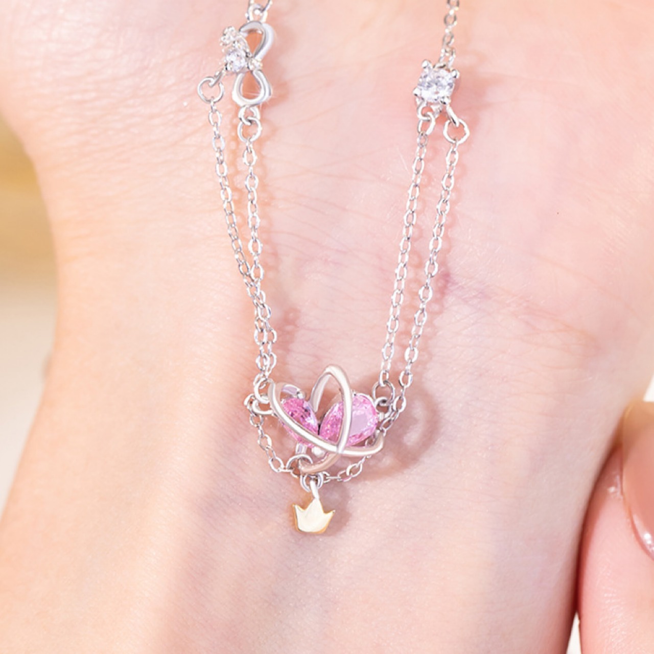 おしゃれ ピンク ハート 王冠 シルバー ブレスレット[102] - 9