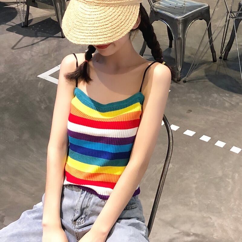 春先の小さなフレッシュレインボーストライプキャミソールレディースショートスリムスリミングインナージャケット学生オールマッチイン 1号婦人12060322315