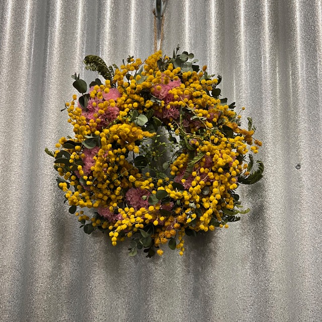 Dried flower wreath mimosa★ミモザ×スターチス×ユーカリ ミニリース ドライフラワーリース/2022001