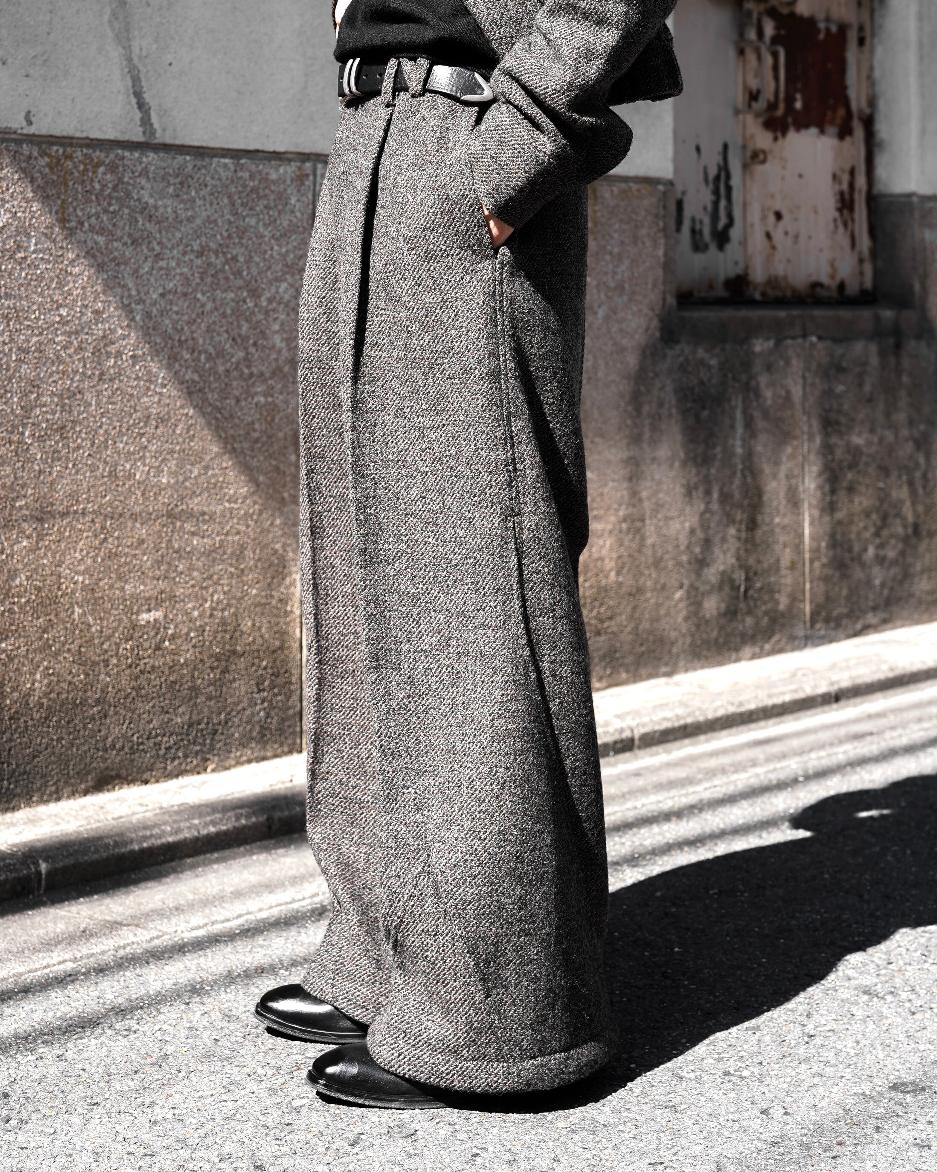 NULLUS AW25 WOOLEN INTERTWINED STRUCTURE TAILORED WIDE TROUSERS