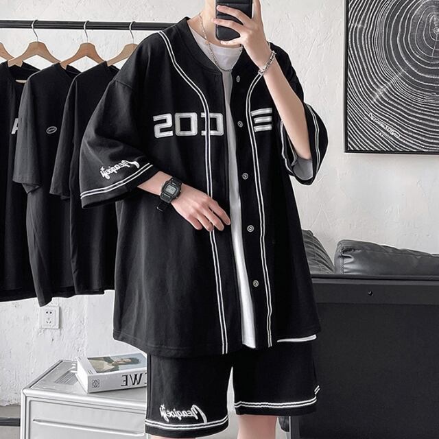 【予約販売】メンズ セットアップ スエット ユニフォーム風 無地 上下 半袖シャツ ハーフパンツ ストリート ブラック/グレー 部屋着 韓国 ジム スポーツウエア カジュアル 春 夏 大きいサイズ M/L/XL/2XL/3XL