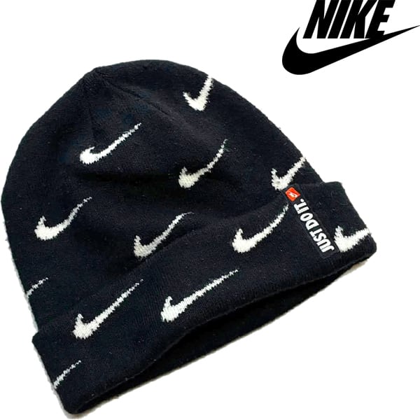 1点物◇NikeナイキSwoosh黒ニット帽子ビーニーニットキャップ古着