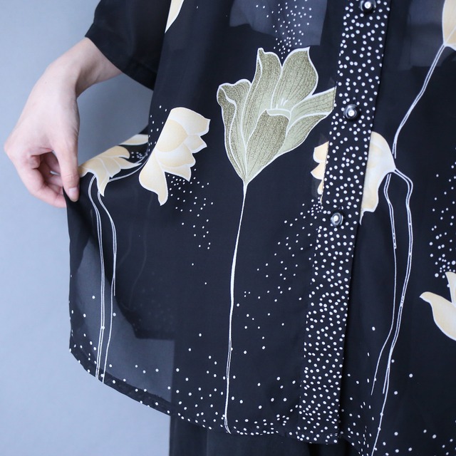 flower art pattern loose silhouette h/s see-through shirt