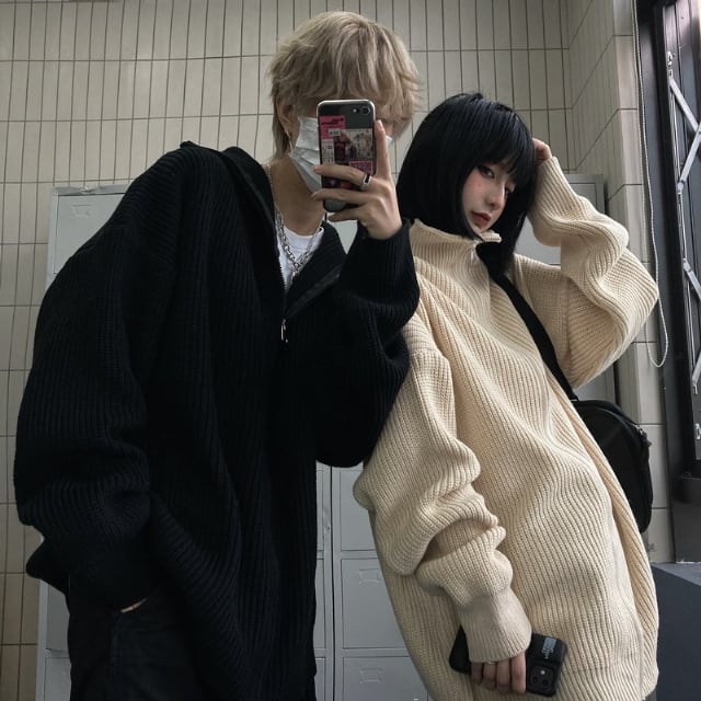【予約販売】カーディガン ハイネック ニット ジップアップ ユニセックス セーター ペア お揃い カップル シンプル ブラック グレー オフホワイト オーバーサイズ メンズ レディース シンプル こなれ感 ストリート お洒落 韓国 トレンド 秋冬 フリー
