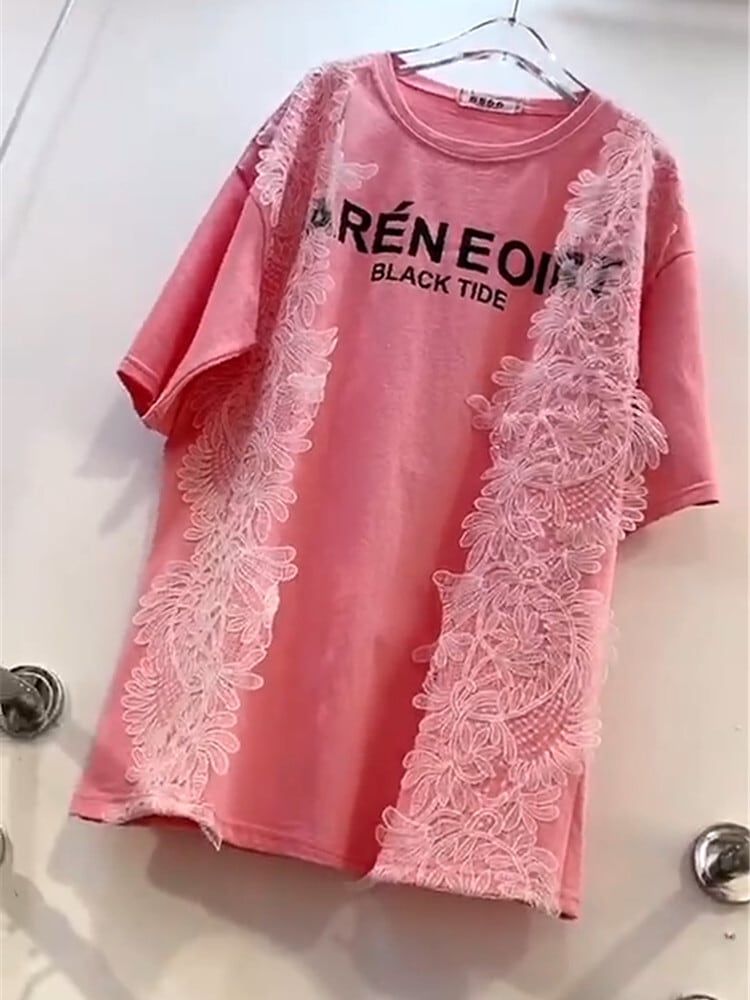 スプリングレースドレス Tシャツ 大きめサイズ 春物 ミックスインファッション10268284698