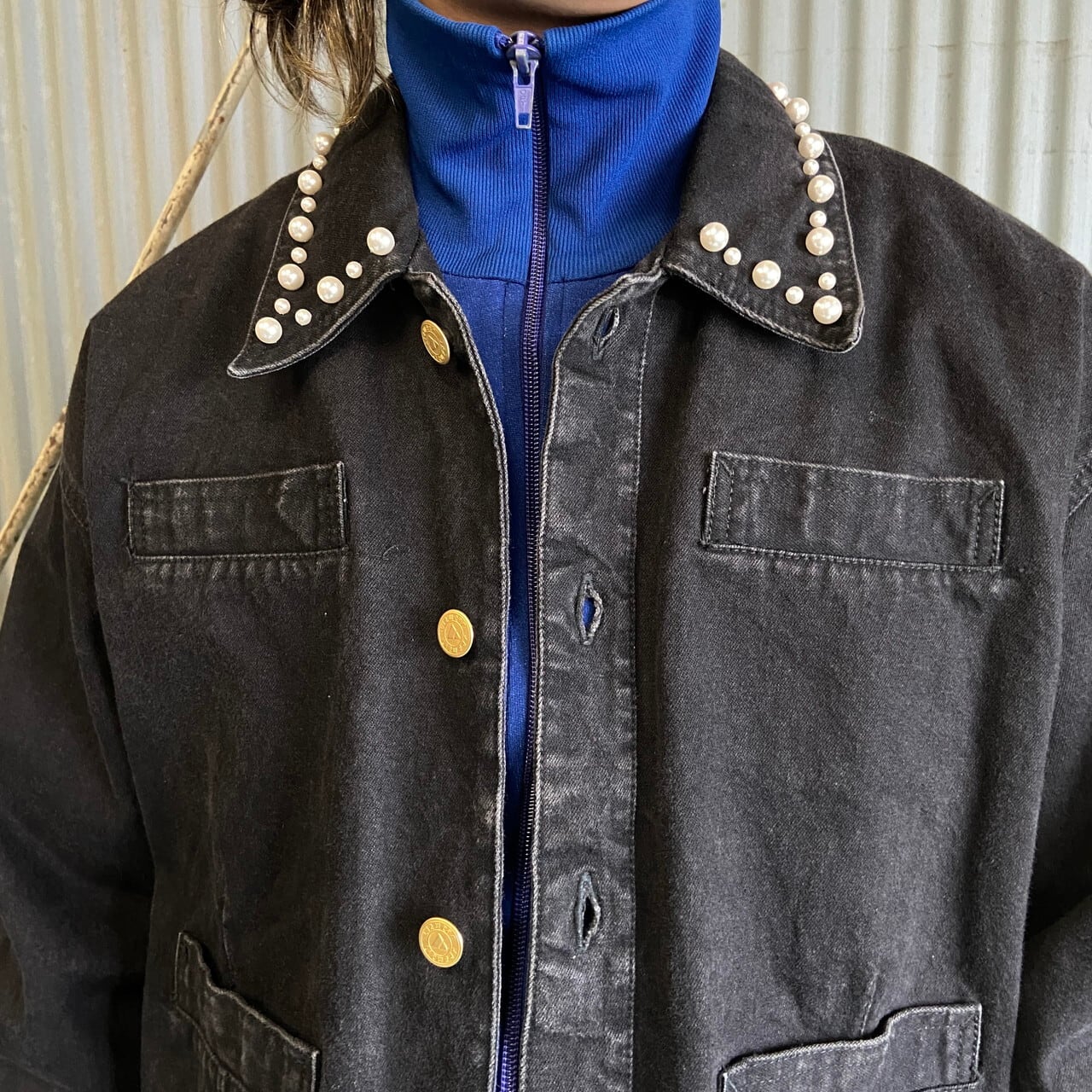 80年代〜 Liz Wear パール ショート丈 ブラックデニムジャケット