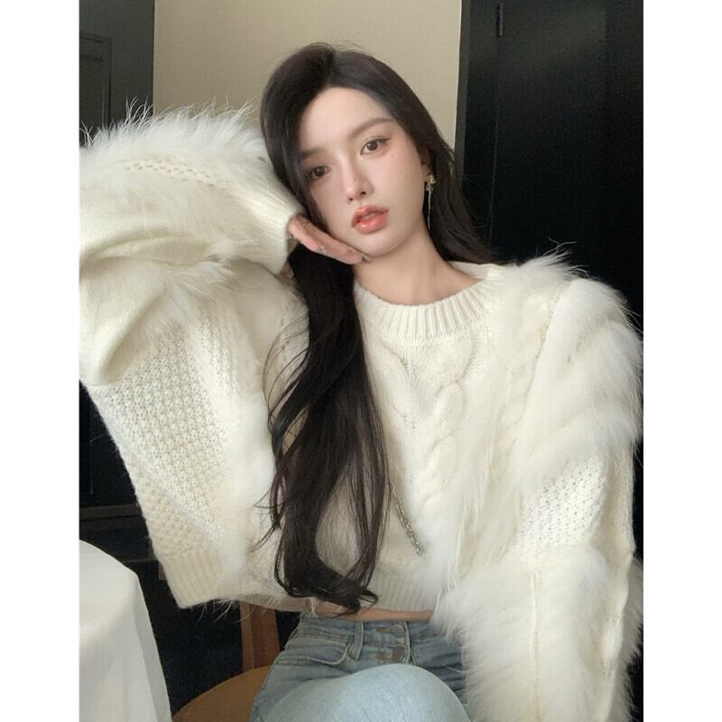 ホワイトプルオーバー セーター レディースオータムウィンタースタイルルーズニットトップス 秋物 冬物 ステッチ ガールズファッション42160974700