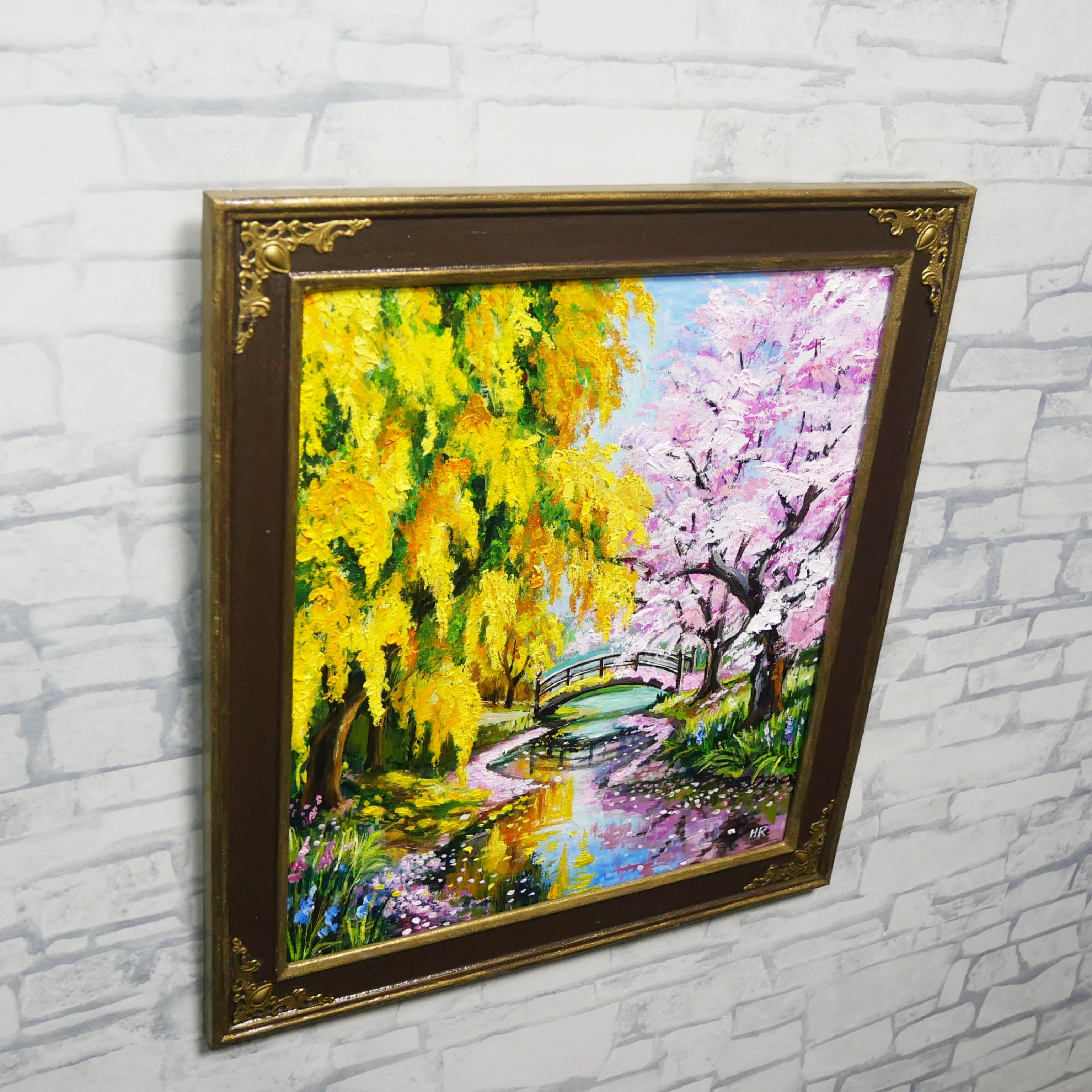 油絵 原画「陽だまりの庭園 〜桜とミモザの咲く日〜」 手描き 一点物
