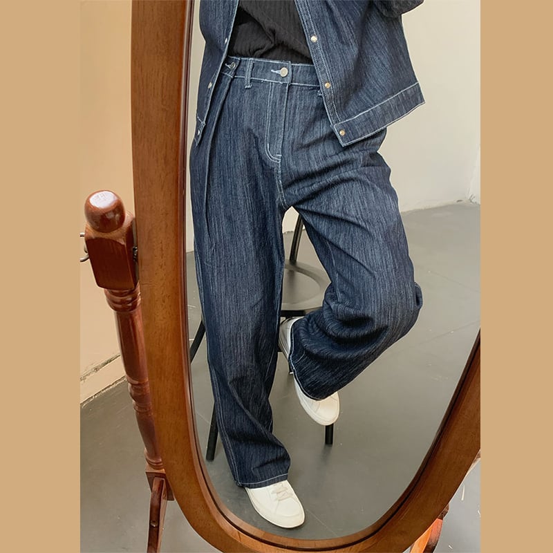 MION濃藍色のウォッシュ加工デニムパンツ | mblueshop
