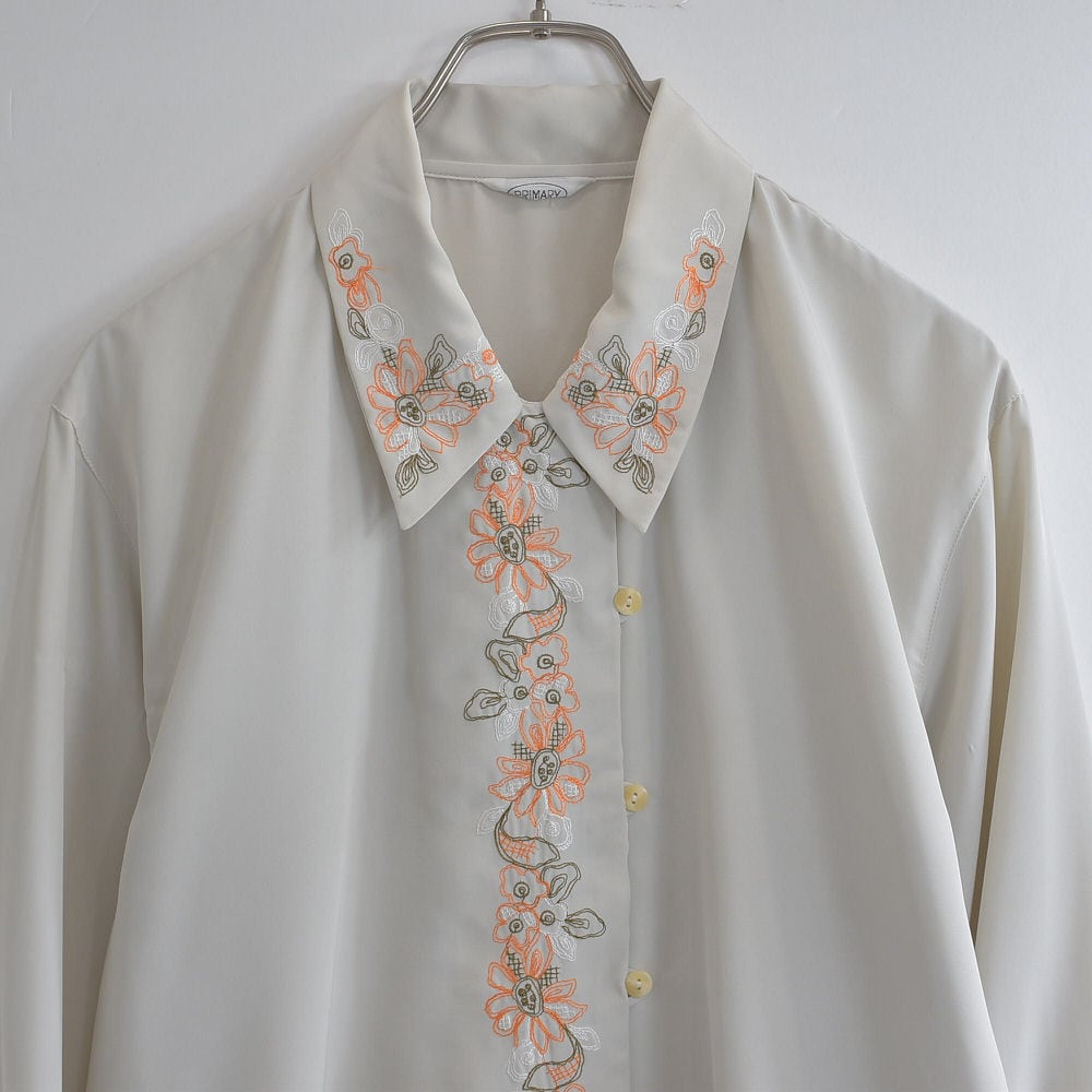 70~80s PRIMARY フラワー刺繍デザイン ポリエステル ブラウス ジャパン ヴィンテージ 長袖 とろみシャツ ビンテージ 古着 レディースL相当