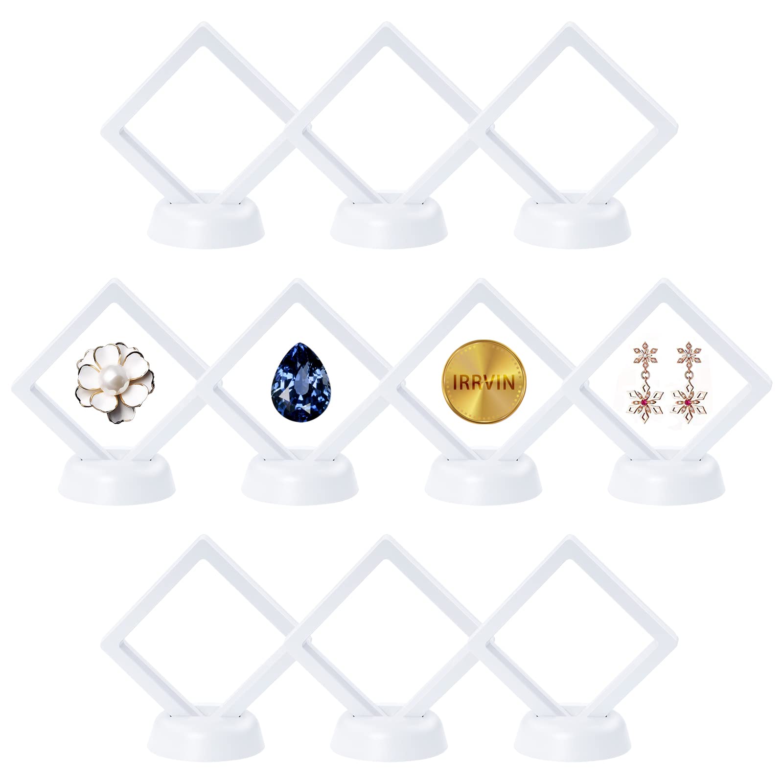 ルースケース アクセサリーケース 7x7cm 10個 セット ディスプレイケース コレクションケース 宝石 原石 フローティングフレーム 写真立て 透明フィルム バッジ収納 酸化防止 標本 アンティーク ピアス 指輪 台座付き (ホワイト)