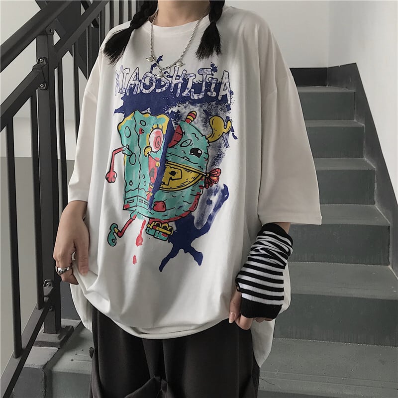 送料無料】KOREA ダークプリントルーズTシャツ トップス レディース