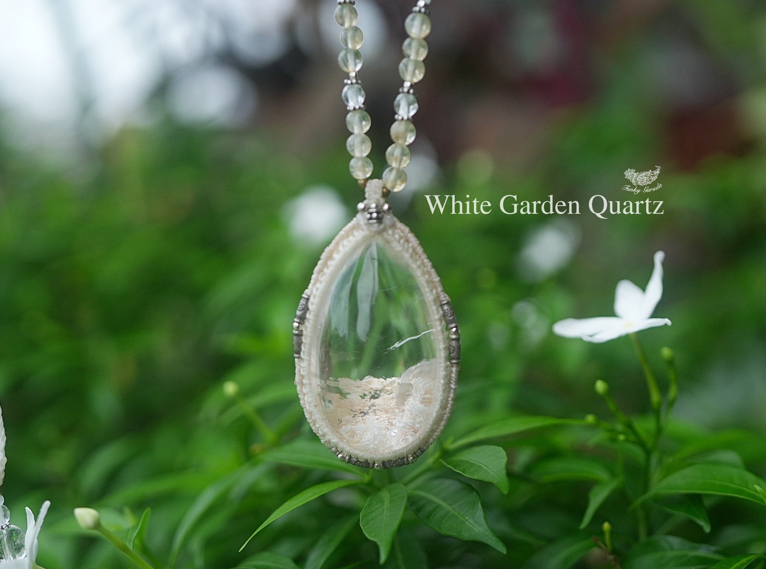 特大★ホワイトガーデンクォーツ マクラメネックレス1729