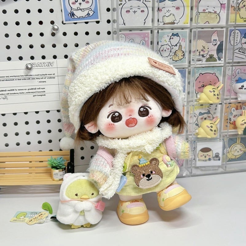 20cmぬいぐるみ用 冬 ニットトップス+サロペット+帽子+マフラー+バッグ