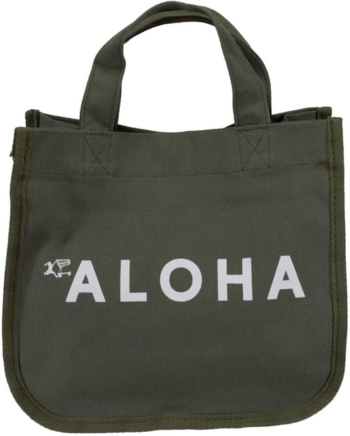 シンプルなALOHAロゴ ハワイアン ミニトートバッグ 幅24×高さ22×マチ13.5cm オリーブ 綿100％ 普段使いに丁度いいコンパクトサイズ お出かけ ランチバッグ お散歩にぴったり ハレイワハッピーマーケット エンプレットベール