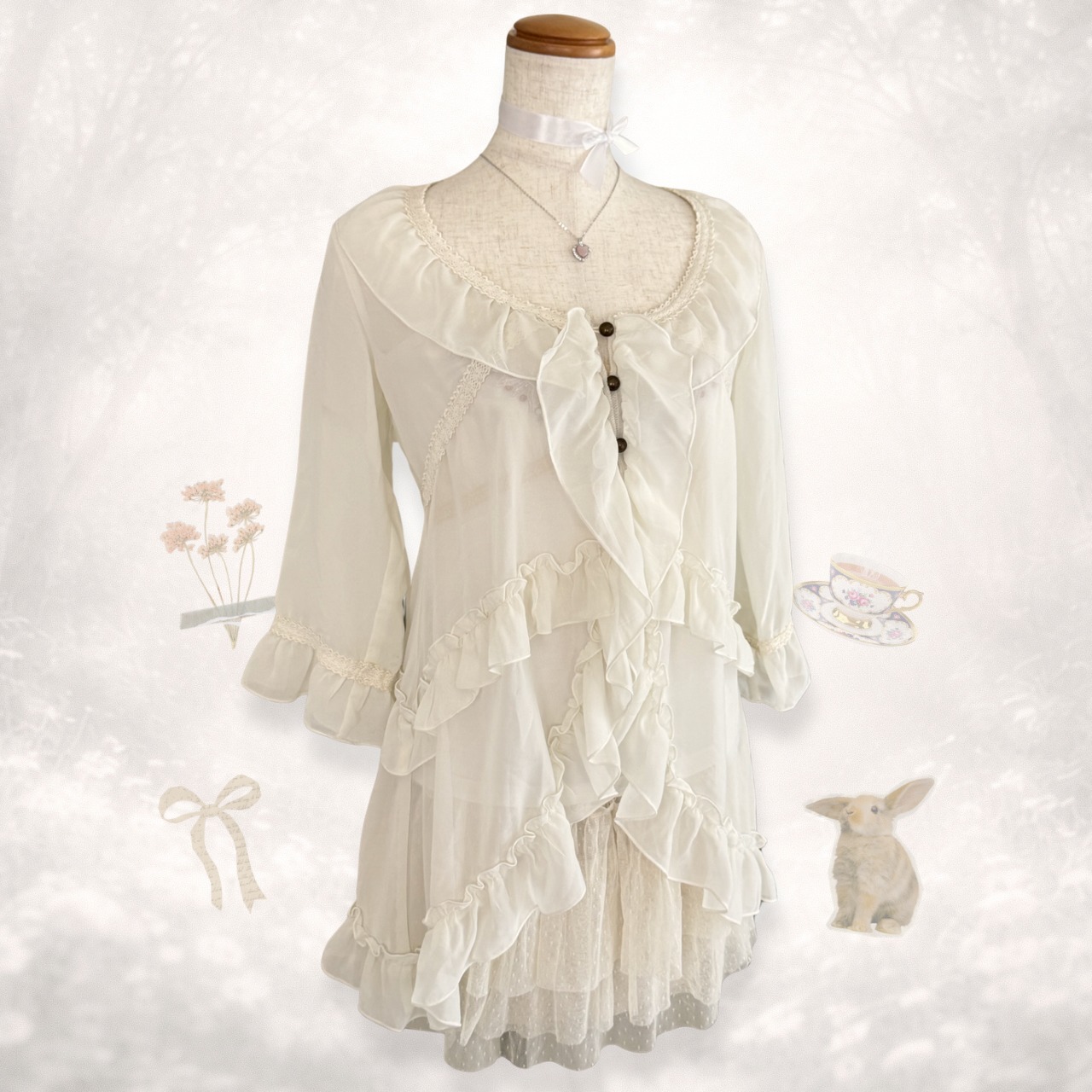 フェアリーグランジ森ガールシースルーフリルレーストップス