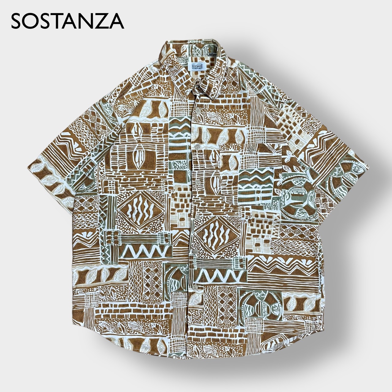 【SOSTANZA】半袖シャツ 柄シャツ オールパターン 総柄 個性的 柄物 麻 綿 M 香港製 US古着