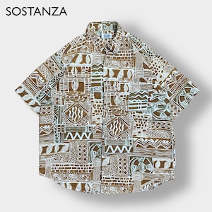 【SOSTANZA】半袖シャツ 柄シャツ オールパターン 総柄 個性的 柄物 麻 綿 M 香港製 US古着