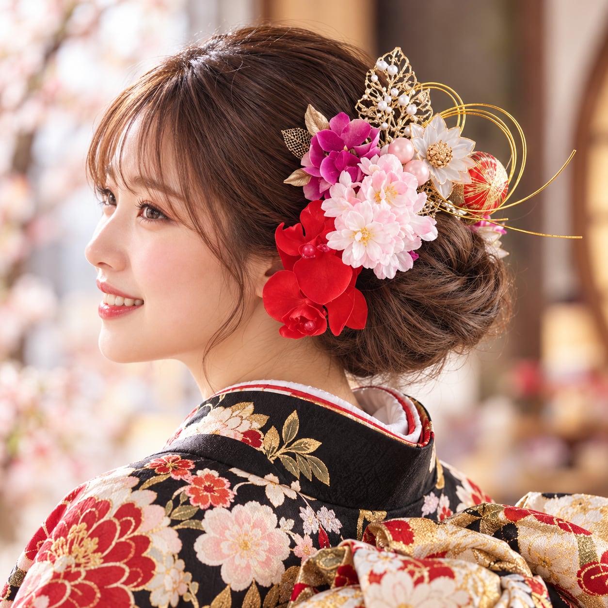 赤い胡蝶蘭と桜の髪飾り 成人式 卒業式 入学式 袴 髪飾り 桜 赤 神前式 色打掛 結婚式