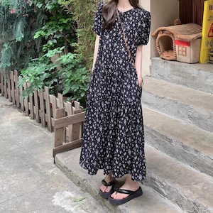 ラウンドネック花柄シフォンワンピース W00276