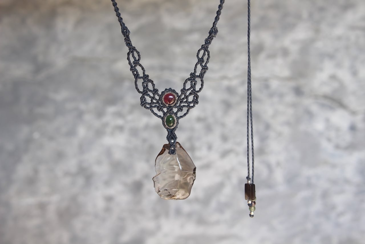 Healing Smoky quartz & Rhodolite Garnet & Peridot  micro macrame necklace