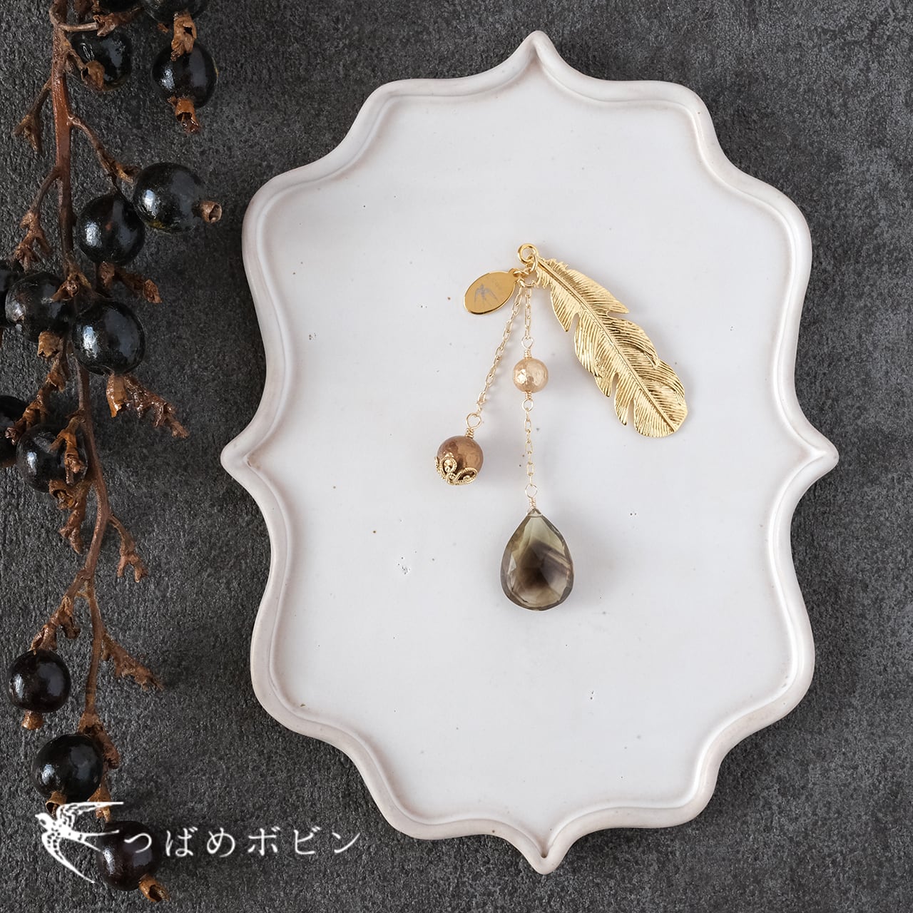 天然石とパールの帯飾り《レモン×スモーキークォーツ/N》