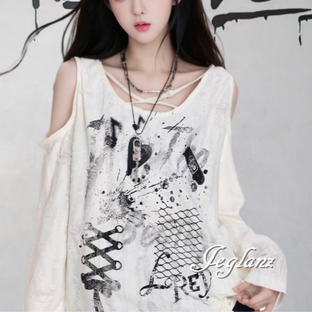 2色 ダメージ シャツ ロンT リボン オープンショルダー ♪（MD239）γα