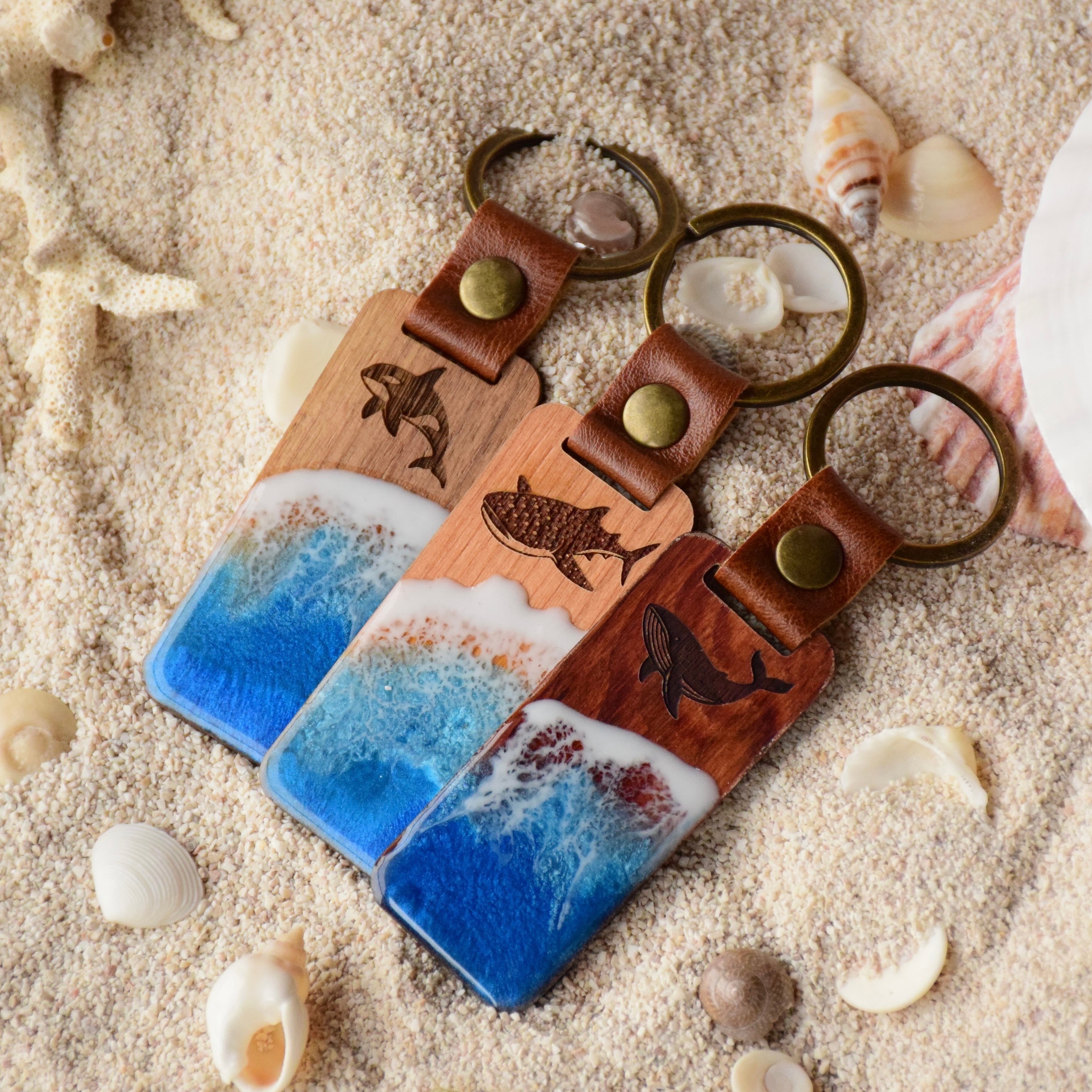 海アート×天然木 キーホルダー うみのいきもの レザーキーホルダー