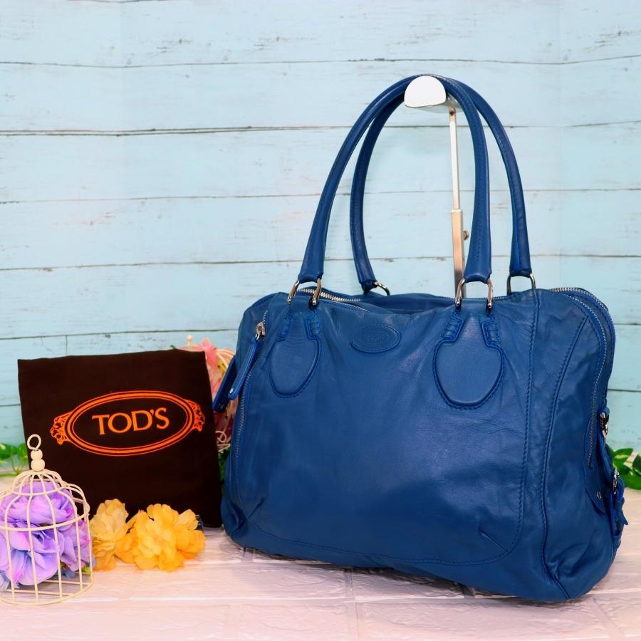 TOD'S ボストンバッグ 黒/青 レザー Tod's ハンドバッグ 青 レザー ボストン型 ジップ開閉 大容量 ほぼ未