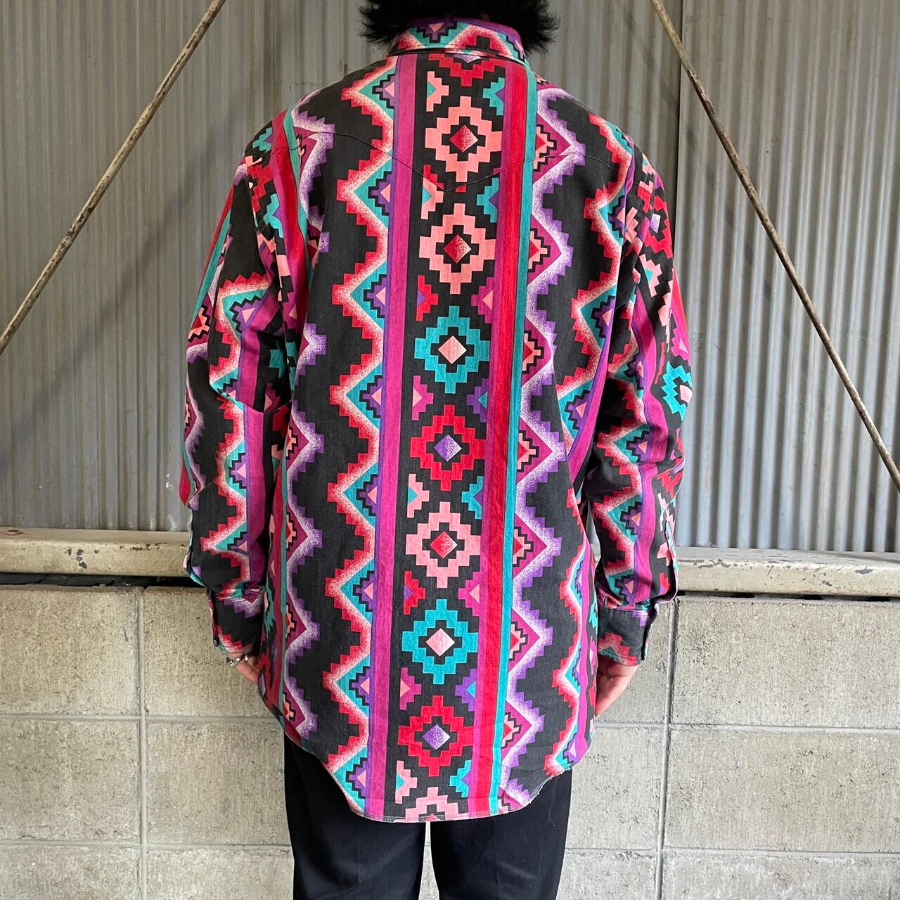 90年代 Wrangler ラングラー ネイティブ 総柄 長袖 ウエスタンシャツ