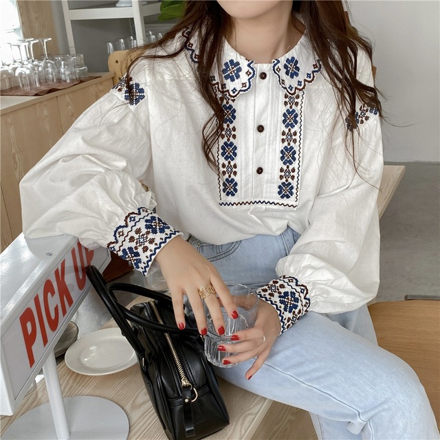 刺繍ブラウス トップス 長袖 パフスリーブドール襟 エスニック レトロ 可愛い Mitsuki32 12