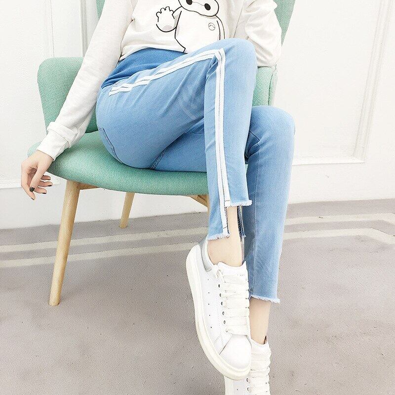 【新作】【送料無料】 ストライプマタニティジーンズウエストベリースキニーペンシルパンツ服妊娠中の女性看護妊娠デニムパンツ expec521603027727