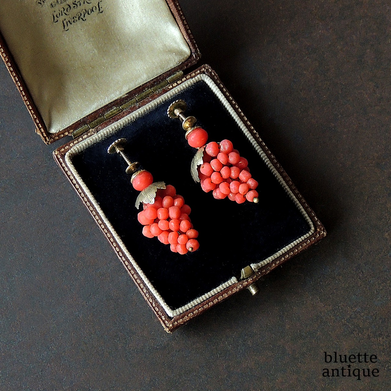 アンティークジュエリー ヴィクトリアン コーラル グレープ イヤリング (ソーティングメモ付)