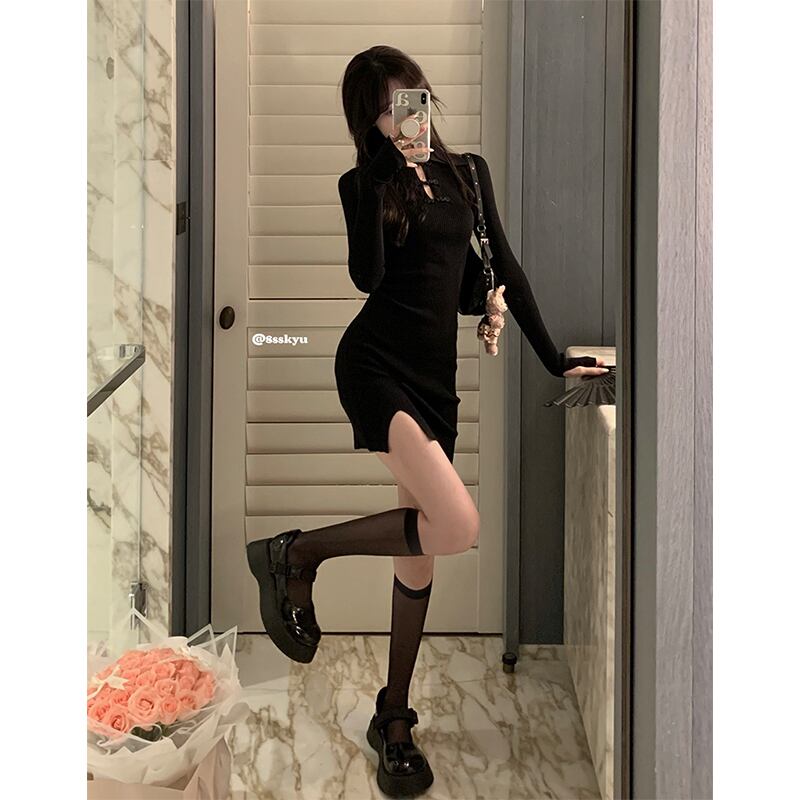 ニットドレス ショートスカート オータムカラーブラック 秋物 ブラックストロベリース42834974889