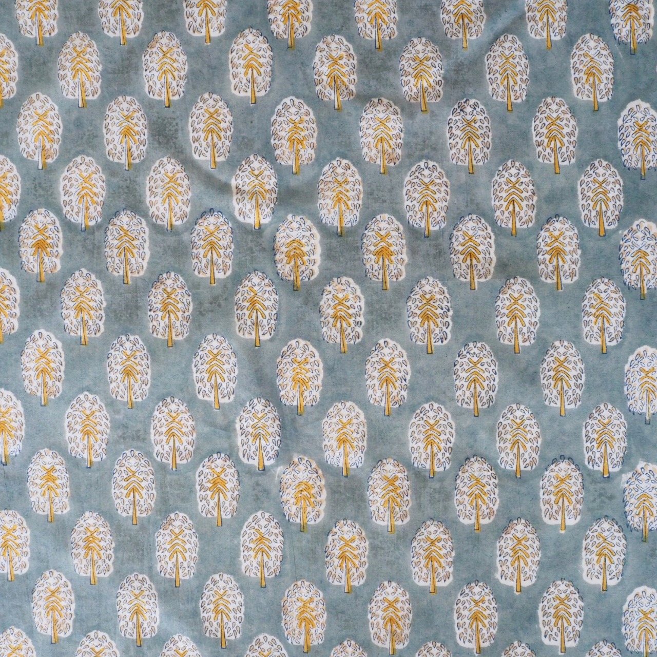 ブロックプリント生地【50cm単位】インド綿  花柄(小) カーキ×黄色 #23049-GR3