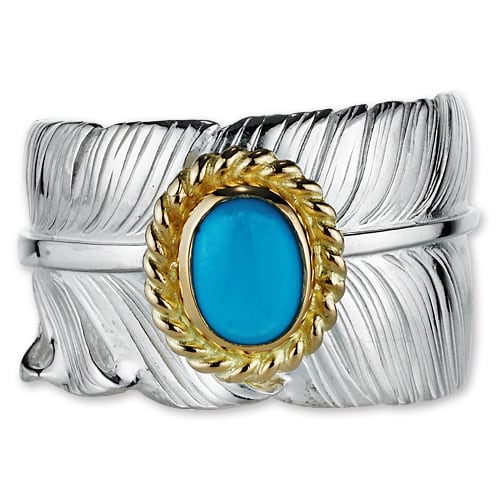 【鷲見太郎 Ring リング】オールドLフェザーリング02 w/6×8ターコイズK18YGカップ【送料無料】