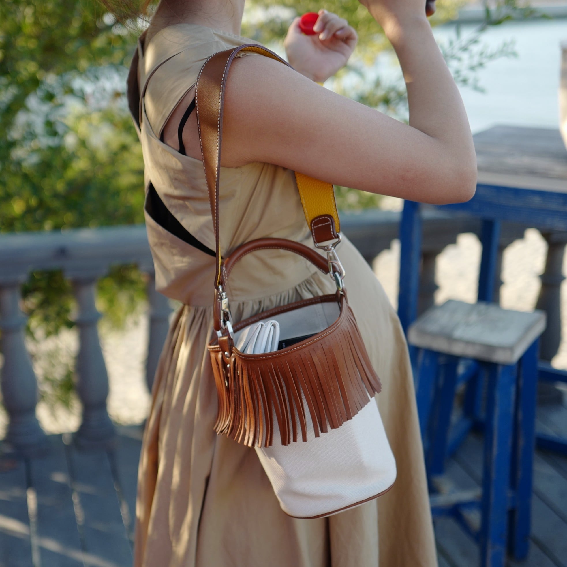 ayako フリンジバケツバッグ Fringe Bucket Bag camel-