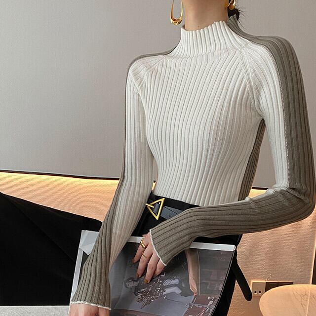 レディース トップス バイカラー リバーシブル リブニット ハイネック タイト すっきり モダン モード ホワイト×カーキ S/M/L