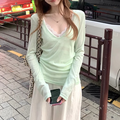 【2点セット】2色／Vネックシアートップス＋Vネックレースキャミ ・76040