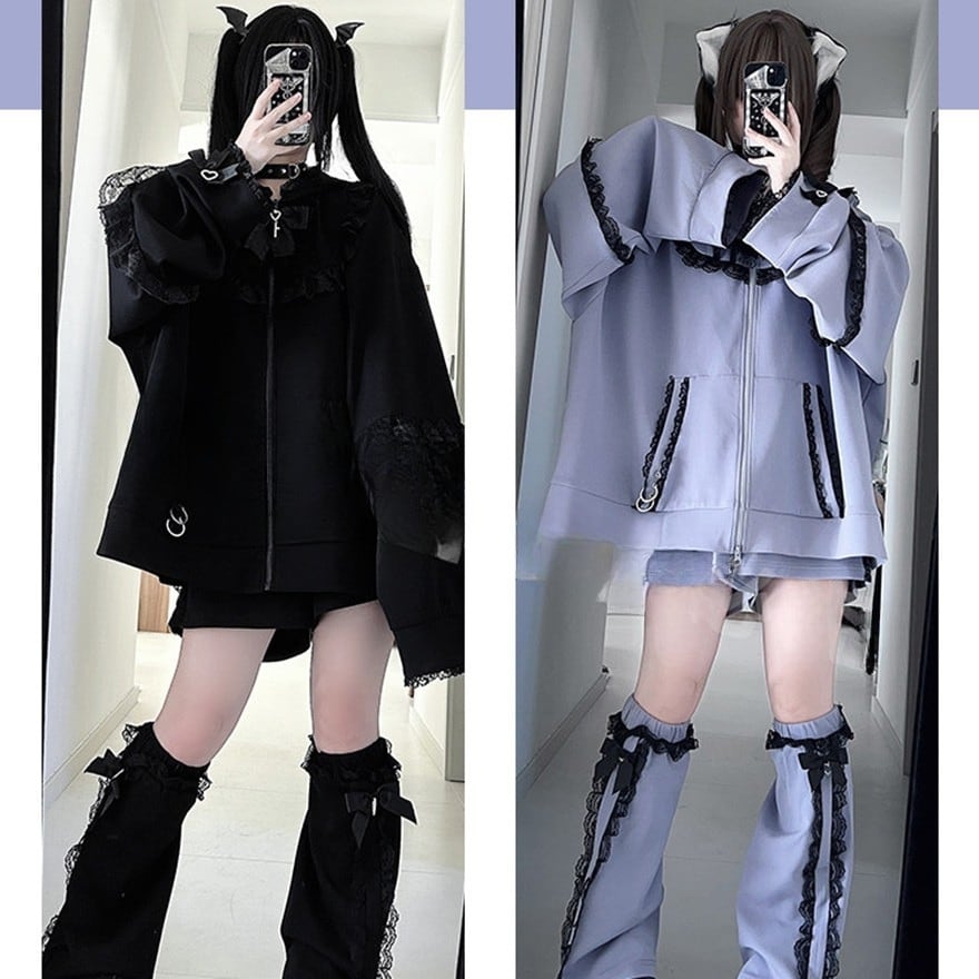 【フリルレース】オーバーサイズ ジップパーカー|地雷系 サブカル ゴシック|黒 白