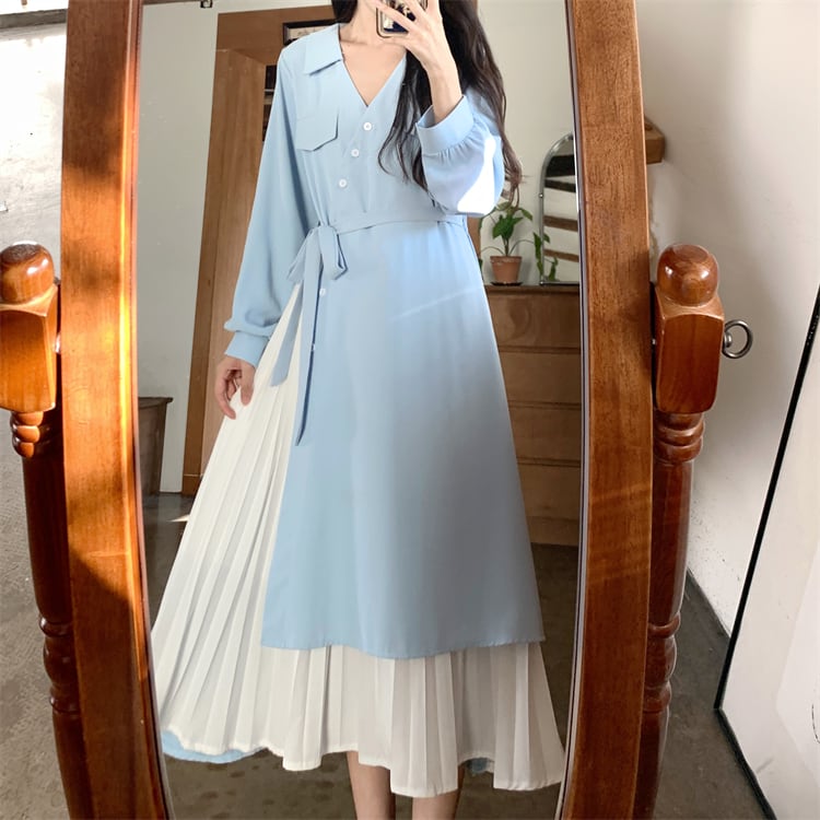 ロングワンピース レディース ワンピース 長袖 vネック